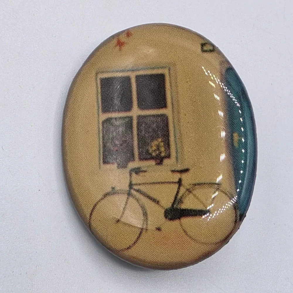 Vintage Bicycle‎ Window Scene Oval Resin Brooch Yellow Teal Whimsical Art Pin